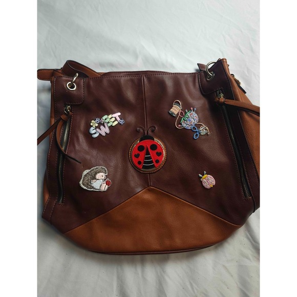 MICHAEL Michael Kors Shoulder Bag Brown Leather Lady Bug Patches Purse Casual - Picture 3 of 9